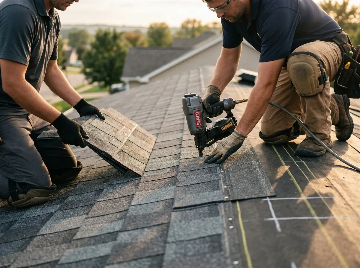 Professional roofer working on a residential roof in Sharon